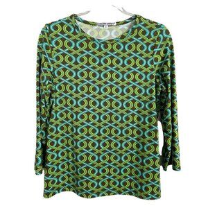 Barbara Gerwit Size L Top Brown Turquoise Lime‎ Geometric 3/4 Sleeve Shirt